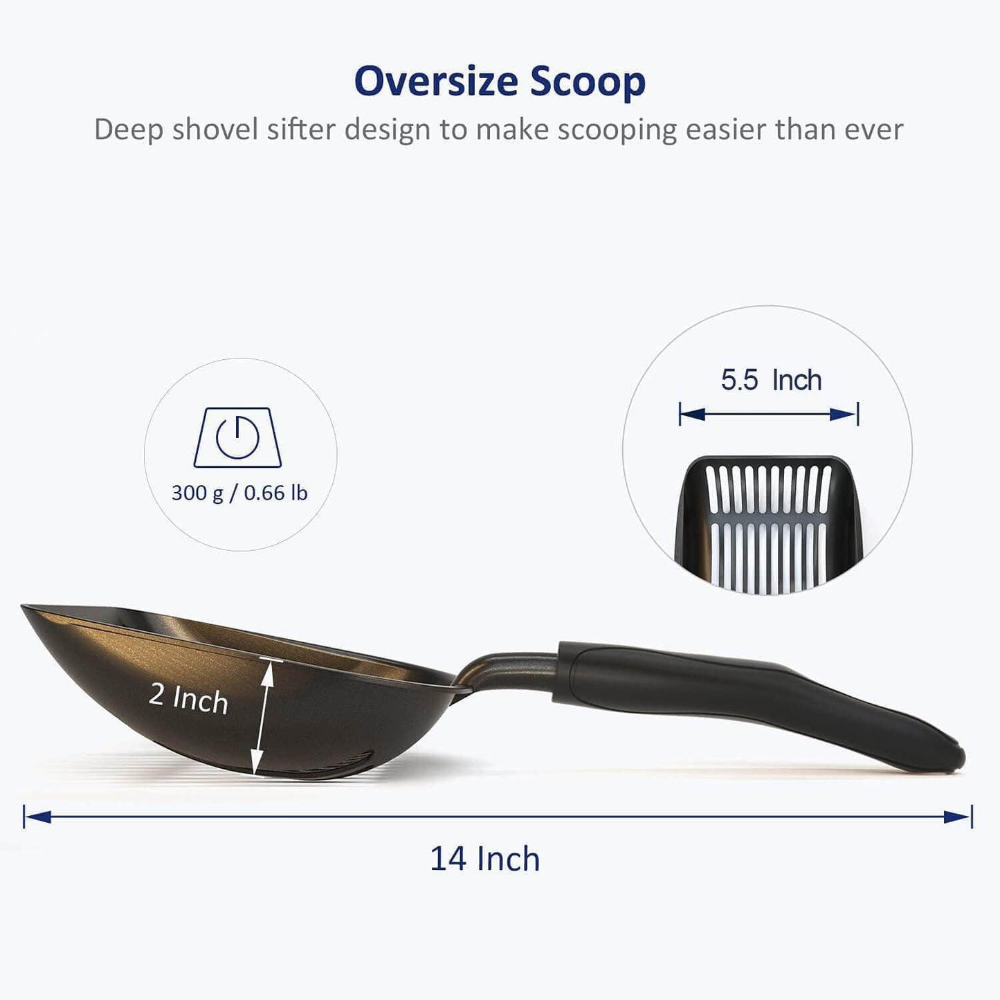 Cat Litter Scoop, Non-Stick Plated Aluminum Alloy Sifter, Size Large, Coated Black Body with Black Handle