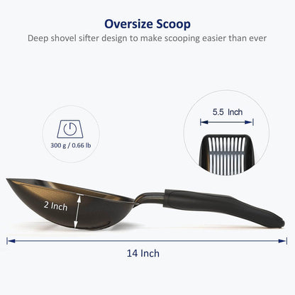 Cat Litter Scoop, Non-Stick Plated Aluminum Alloy Sifter, Size Large, Coated Black Body with Black Handle