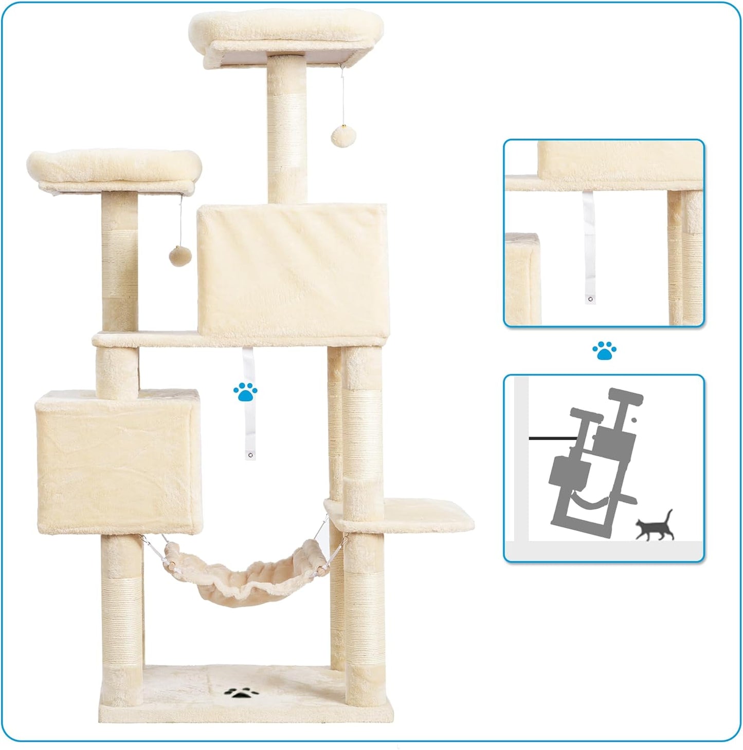 Large Multi-Level Cat Tree Condo Furniture with Sisal-Covered Scratching Posts, 2 Bigger Plush Condos, Perch Hammock
