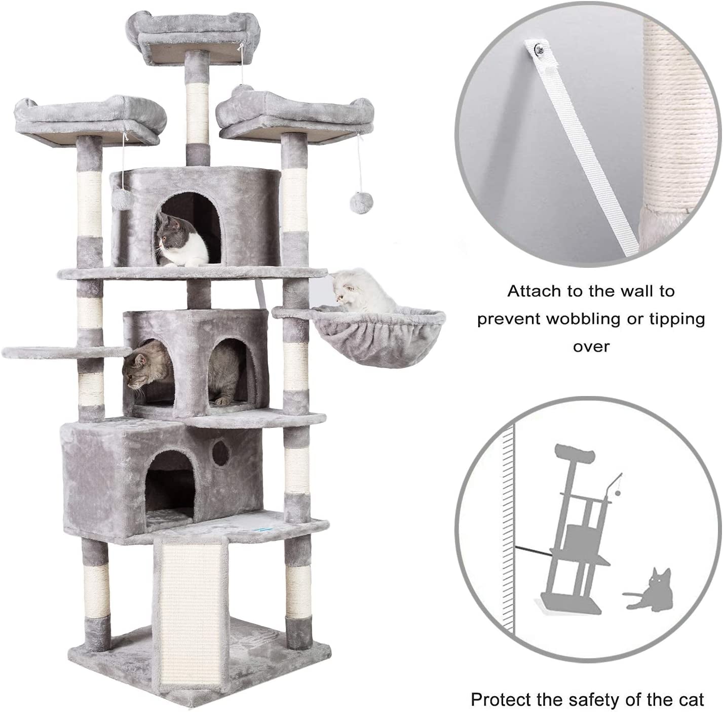 XL Size Cat Tree, 73.4 Inch Cat Tower with 3 Caves, 3 Cozy Perches, Scratching Posts- Light Gray MPJ032W