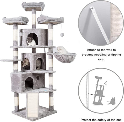 XL Size Cat Tree, 73.4 Inch Cat Tower with 3 Caves, 3 Cozy Perches, Scratching Posts- Light Gray MPJ032W