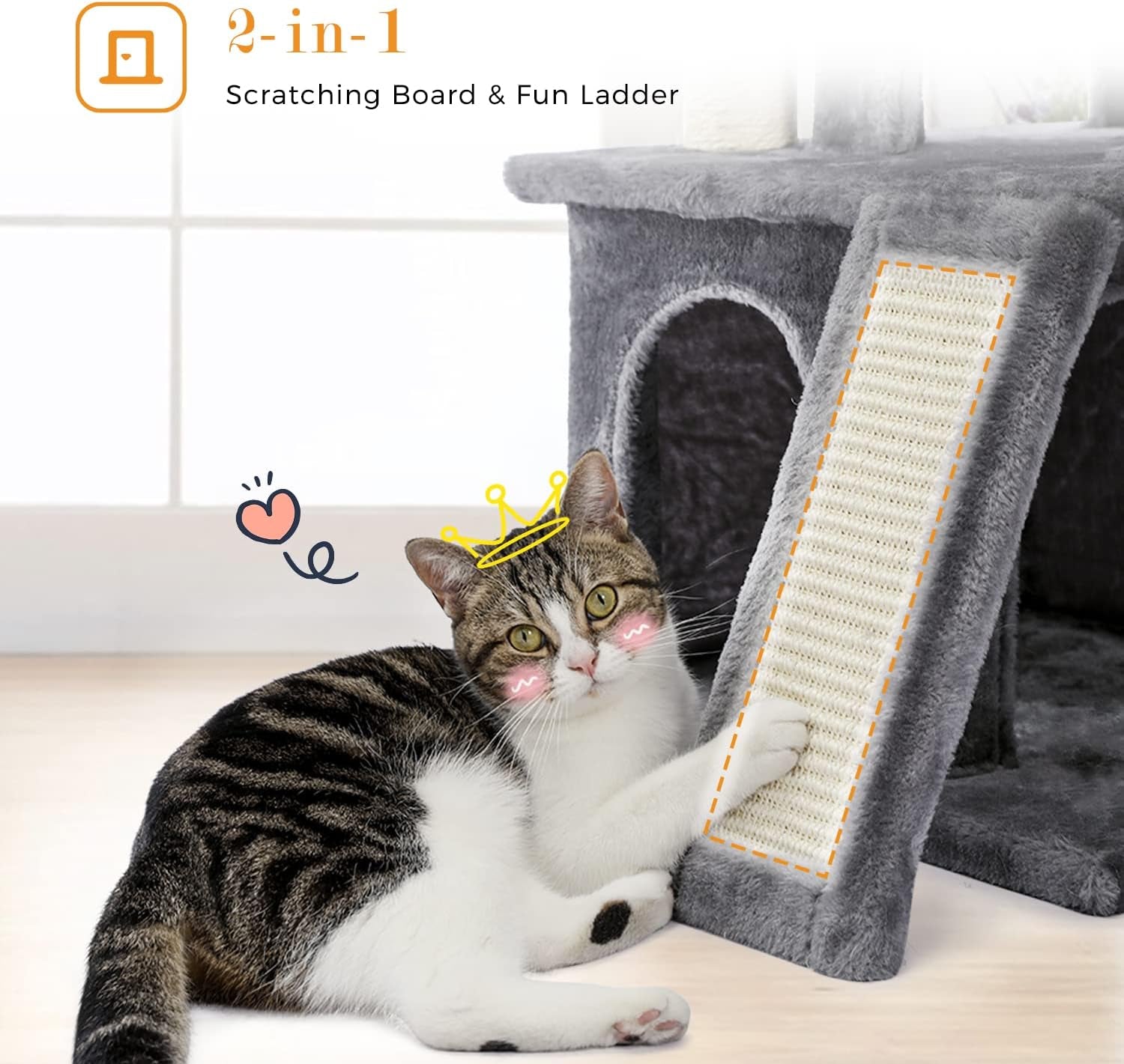 34 Inches Cat Tree Multilevel with Double Condos, Spacious Perch, Fully Wrapped Scratching Sisal Post and Replaceable Dangling Balls Gray