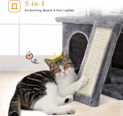 34 Inches Cat Tree Multilevel with Double Condos, Spacious Perch, Fully Wrapped Scratching Sisal Post and Replaceable Dangling Balls Gray