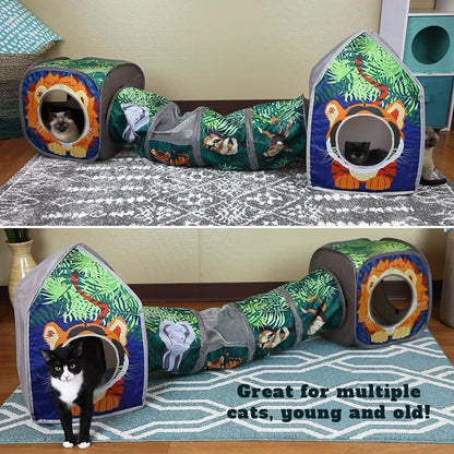 Safari Jungle Cat Play Set, Collapsible Pop-Up Cat Toys Combo with Cube, Tunnel & Hideout