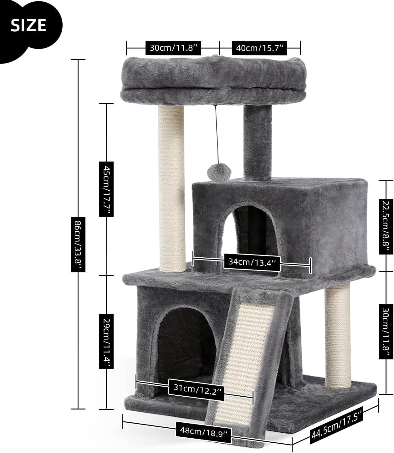 34 Inches Cat Tree Multilevel with Double Condos, Spacious Perch, Fully Wrapped Scratching Sisal Post and Replaceable Dangling Balls Gray