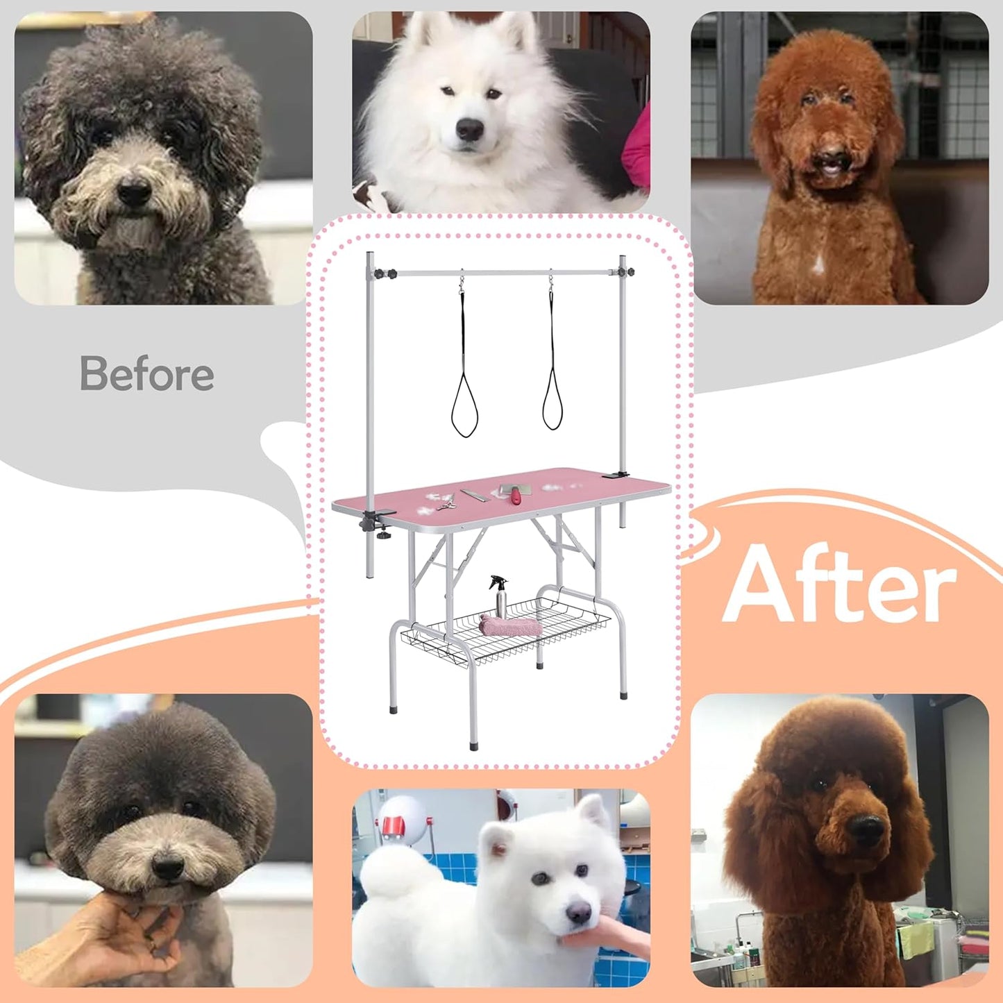 46'' Pet Grooming Table for Large Dogs Adjustable Height - W/Arm/Noose/Mesh Tray Maximum Capacity up to 265Lb -Pink