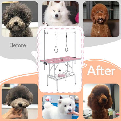 46'' Pet Grooming Table for Large Dogs Adjustable Height - W/Arm/Noose/Mesh Tray Maximum Capacity up to 265Lb -Pink