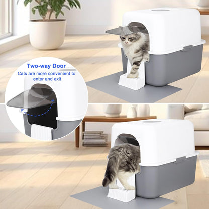 Cat Litter Box with Pedal, Fully Enclosed Leak-Proof for Small Cats under 8 IB, High Edge and Odorless (Grey with Handle)