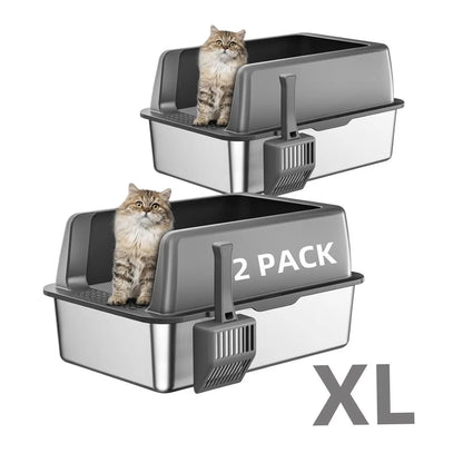 Stainless Steel Litter Box with Lid - High-Sided, Non-Sticky, Large Size 