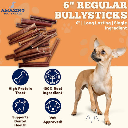 - 6 Inch Medium Size Bully Sticks (25 Count) - No Hide Bully Stick Dog Bones
