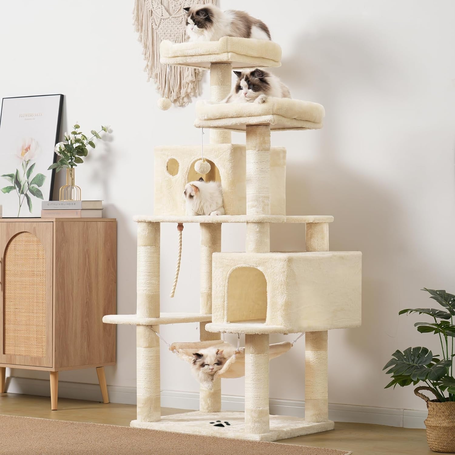 Large Multi-Level Cat Tree Condo Furniture with Sisal-Covered Scratching Posts, 2 Bigger Plush Condos, Perch Hammock