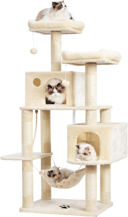 Large Multi-Level Cat Tree Condo Furniture with Sisal-Covered Scratching Posts, 2 Bigger Plush Condos, Perch Hammock