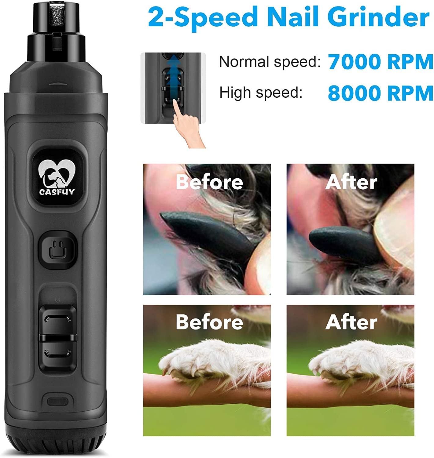 Dog Nail Grinder with 2 LED Light 2-Speed Powerful Electric Pet Nail Trimmer Professional Quiet Painless (Grey)