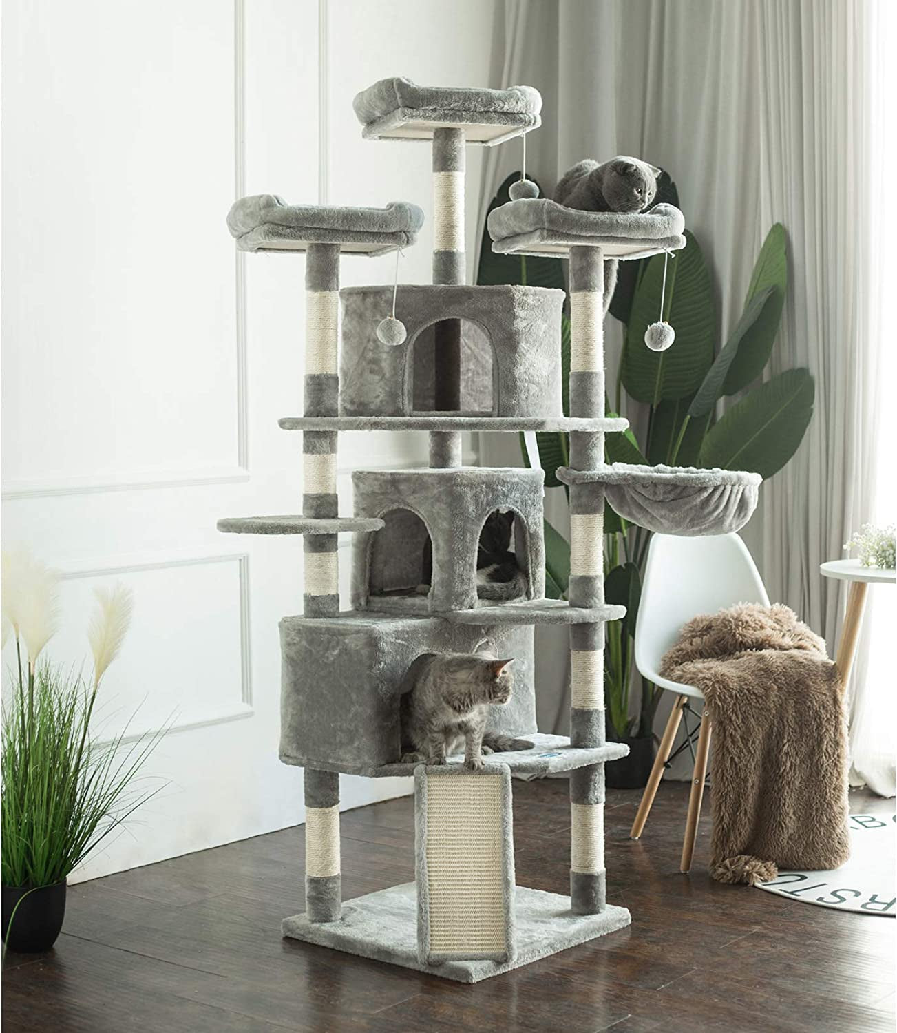 XL Size Cat Tree, 73.4 Inch Cat Tower with 3 Caves, 3 Cozy Perches, Scratching Posts- Light Gray MPJ032W